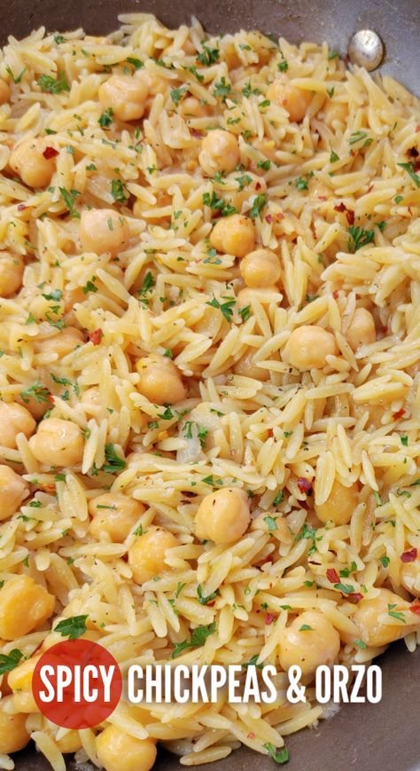 Spicy Chickpeas with Orzo! A Mediterranean inspired recipe with chickpeas (garbanzo beans), orzo and layers of spices and mild heat that doubles as the perfect side or a meatless main dish. Rice With Garbanzo Beans, Greek Garbanzo Beans, Orzo Recipes Side, Chickpea Orzo, Recipe With Chickpeas, Bean Soups, Garbanzo Bean Recipes, Spicy Chickpeas, Garbanzo Beans Salad