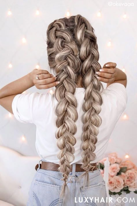 How to: Double Dutch Braids, Practical and playful hairstyle using Luxy Hair Extensions in the shade Sandy Blonde Hairstyles Effortless, Beachy Hairstyles, Effortless Waves, Double Dutch, Luxy Hair, Fishtail Braid, Cool Braid Hairstyles, Hair Stylies, Brown Blonde Hair