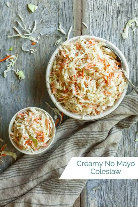 Creamy No Mayo Coleslaw - The best easy homemade coleslaw recipe that doesn't use mayonnaise or sugar! #easy #sidedish #coleslaw Coleslaw Recipe Without Mayonnaise, Coleslaw Without Mayo, No Mayo Coleslaw, Vegan Coleslaw, Slaw Dressing, Coleslaw Dressing, Homemade Coleslaw, Taco Salad Recipes, Creamy Coleslaw