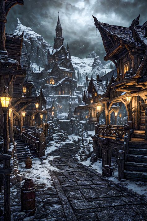 Fantasy Village, Fantasy Town, Location Inspiration, Fantasy Homes, Fantasy House, Fantasy City, Fantasy Castle, In The Darkness, Fantasy Setting