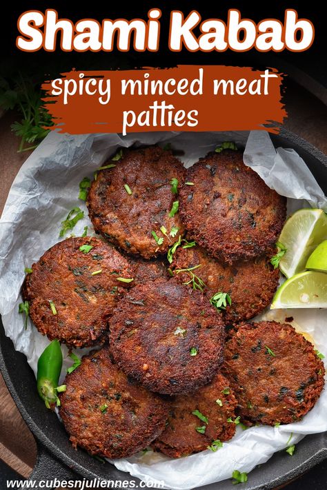 Looking at an overhead view of a platter filled with Shami Kabab. Made with mutton or beef, split chickpea and spices. Beef Shami Kabab Recipe, Beef Kabab Pakistani, Mutton Shami Kabab Recipe, Chicken Shami Kabab Recipe, Shami Kabab Recipe Beef, Mutton Recipes Pakistani, Ramadan Dinner, Shami Kabab Recipe, Indian Sides