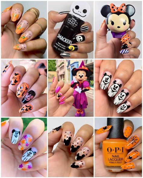 Disney Nails October, Disney Nail Designs Halloween, Tropical Halloween Nails, Halloween Nails With Stickers, Minnie Mouse Halloween Nails, Disney Nails Halloween Easy, Stitch Halloween Nails, Disney Spooky Nails, Disney Halloween Nails Simple