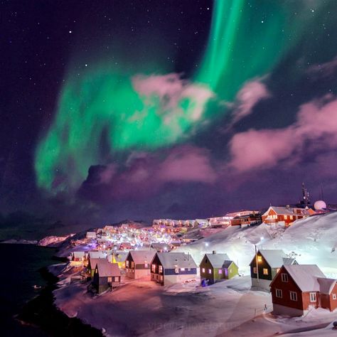 Northern Lights or Aurora Borealis and Amazing Weather at Nuuk Greenland Greenland Northern Lights, Christmas In Greenland, Aesthetic Greenland, Northern Lights Finland, Nuuk Greenland, Mystical Landscapes, Yule Cat, Destination Imagination, Aurora Borealis Northern Lights