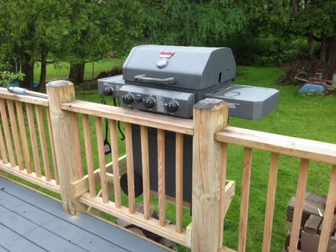 I was so tired of the barbecue grill taking up so much space on the deck.  This was my genius husband's solution. The Deck Saver Grill Support. Upper Deck Grill Station, Diy Deck Grilling Station, Deck Bump Out For Grill, Small Deck With Grill, Grill On Deck Ideas, Grill Station On Deck, Grill Area Ideas, Decks Designs, Small Deck Designs