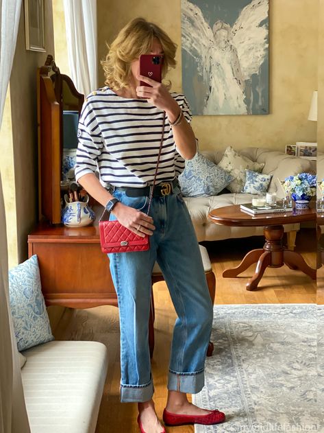 WIW - French Classics | My Midlife Fashion Striped Breton Top Outfit, Breton Top Outfit, Red Striped Top Outfit, Breton Stripes Outfit, Striped Tee Outfit, Turn Up Jeans, Striped Top Outfit, Personal Uniform, Mom Fits