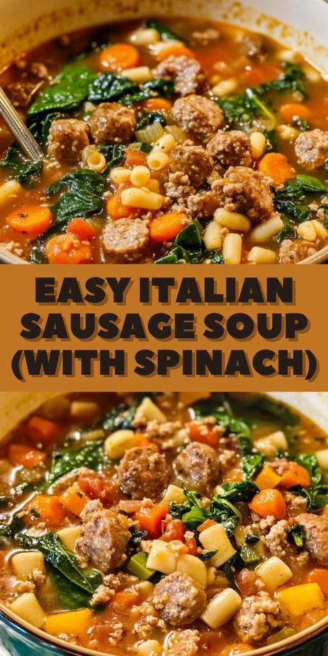 This Easy Italian Sausage Soup with Spinach is hearty, healthy, and bursting with flavor! 🌿🍲 Perfect for cozy nights, it’s a one-pot meal that’s simple to make and satisfying for the whole family. #ItalianSoup #SausageAndSpinach #ComfortFood #QuickDinners 💚✨ Sausage Spinach Pasta, Soup With Spinach, Spinach Soup Recipe, Sausage Soup Recipes, Italian Sausage Soup, Spinach Recipe, The Best Soup, Delicious Soups, Spinach Soup