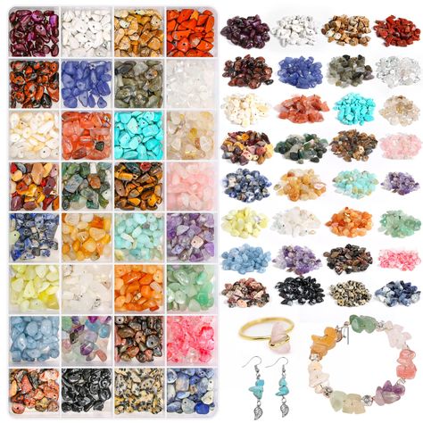 Jollidecor 32 Colors Crystal Stone Beads for Ring Making, Crystal Chips Gemstone Beads Kit Assorted for Jewelry Bracelets, 5mm to 8mm Irregular Rocks Beads Necklace Earring Craft DIY Supplies Beads Kit, Crystal Chips, Ring Making, Crystal Healing Stones, How To Make Rings, Jewelry Earring, Bead Kits, Chip Beads, Earring Crafts