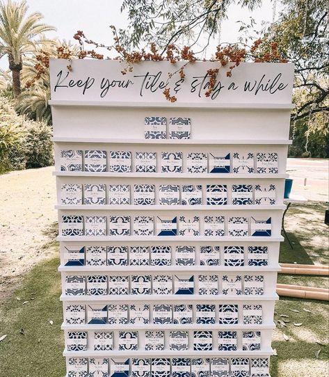 Italian Wedding Seating Plan, Spanish Seating Chart, Portugal Wedding Decor, Portuguese Tile Wedding, Greece Theme Wedding Decor, Mosaic Wedding Decor, Tile Wedding Seating Chart, Talavera Seating Chart, Blue And White Spanish Wedding