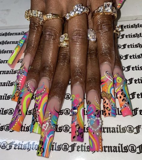 90s Nails Acrylic Curved, Long Nail Designs Coffin Bling, Extra Bling Nails, Long Curved Acrylic Nails, Rainbow Nails Acrylic, 90s Inspired Nails, Iconic Nails, Pixie Nails, Butterfly Stomach