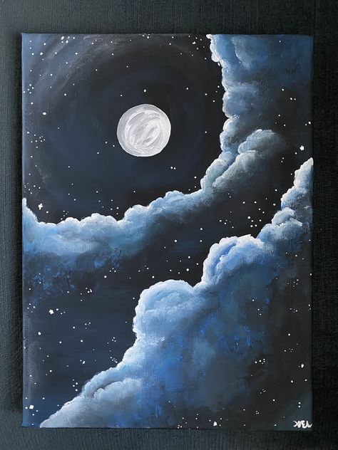 Acrylic paints Simple Moon Painting Ideas, Night Sky Canvas Painting, Night Moon Painting, Moon Sky Painting, Night Painting Acrylic, Moon Paintings Acrylic, Sky With Acrylic Paint, Moon Aesthetic Painting, Painting Ideas On Canvas Night Sky