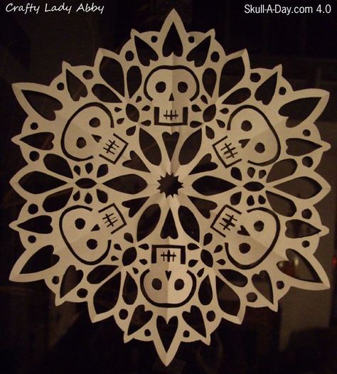 I love making snowflakes every Winter to decorate the windows. This year I decide for  Skull-A-Day  that I would make  a skullflake  (snowfl... Making Paper Snowflakes, Day Of The Dead Party, Skulls And Bones, Den Mrtvých, Comprehensible Input, Day Of Dead, Folding Origami, Skulls Drawing, Paper Snowflakes