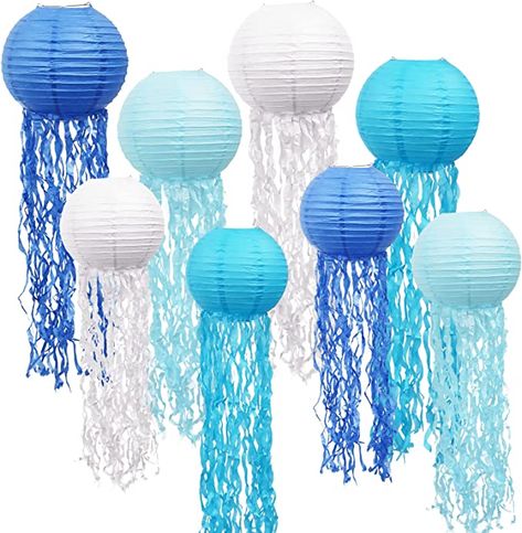 Jelly Fish Paper Lanterns, 8Pcs Blue White Hanging Paper Lanterns for Hawaiian Tropical Birthday Party Decorations, Wedding, Graduation, Home Decor (10”×4PCS + 8”×4PCS) Wish Lanterns, Fish Lanterns, Sea Life Decor, White Paper Lanterns, Mermaid Party Supplies, Paper Lantern Decor, Tropical Birthday Party, Ocean Mermaid, Ocean Theme Party