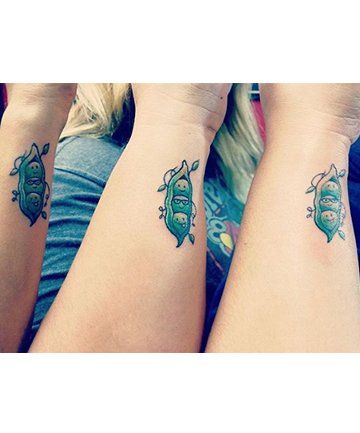 3 Peas In A Pod Tattoo, Two Peas In A Pod Tattoo, Pea Pod Tattoo, Peas In A Pod Tattoo, 3 Best Friend Tattoos, Three Sister Tattoos, 3 Sister Tattoos, Siblings Tattoo For 3, Unique Sister Tattoos