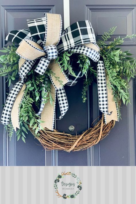 A farmhouse beauty in black and white buffalo check with linen. The greenery frames the cascading buffalo plaid and gingham high quality wired ribbons. This wreath is simple, charming and elegant - it will add style to any door or interior. It's perfect for year round display and can even be a neutral rustic Christmas wreath. Rustic Christmas Wreath, Greenery Wreath, White Buffalo, Wired Ribbon, Buffalo Check, Rustic Christmas, Buffalo Plaid, Christmas Wreath, Gingham