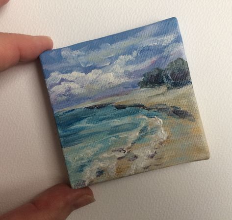 Marine miniature landscape on canvas. Sea miniature landscape on canvas with a mini easel. Picture with the image of sea waves, coast and trees. Original acrylic painting on primed canvas. The painting is sold with a miniature easel. Marine landscape. Calm blue and beige colors The painting is made in the style of impressionism. The canvas is stretched on a stretcher. Painting Ideas On Small Canvas, Green Garage, Landscape On Canvas, Tiny Paintings, Marine Landscape, Mini Toile, Mini Oil Painting, Selling Ideas, Miniature Landscape