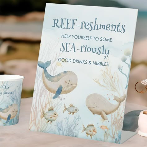 Baby shower sign for the buffet table with fun play on words. The table sign is lettered with "reef-reshments .. help yourself to some sea-riously good drinks & nibbles". Natural and gentle watercolor design in blue and beige with whales, fish and coral under the sea. Whimsical lettering and boho styling, perfect for whale baby shower, nautical baby shower, under the sea and ocean animal themes. For co-ordinating invitations, stationery, games and day-of-event decor, please browse my Whale Baby Outdoor Theme Baby Shower Fishing Bowl Punch, Under The Sea Baby Shower Table Favors, Fishing Baby Shower Themes For Boys, Sea Creature Party Decorations, Baby Shower Games Under The Sea Theme, Ocean Themed Tablescape, Nautical Themed Baby Shower Boy, Baby Shark Baby Shower Ideas, Sea You Soon Baby Shower Theme