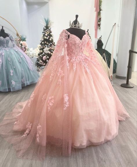 Pink Dresses For Quinceanera, Pastel Pink Ball Gown, Light Pink Quinceanera Dresses Mexican, Quncie Dresses Pink, Pink Floral Quince Dress, Pink Quinceanera Dresses With Cape, Light Pink Quince Dresses Long Sleeve, Butterfly Quince Dress Pink, Quinceañera Pink Dress