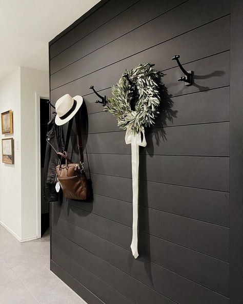 Black Shiplap Wall, Shiplap Entryway, Shiplap Feature Wall, Black Shiplap, Painting Shiplap, Black Feature Wall, Shiplap Wall Diy, Black Accent Walls, Mudroom Decor