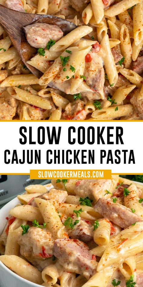 A wooden spoon holding cajun chicken pasta. Creamy Cajun Chicken Pasta Crockpot, Slow Cooker Cajun Chicken Pasta, Crock Pot Cajun Chicken Pasta, Crockpot Cajun Chicken Pasta, Slow Cooker Cajun Chicken Alfredo, Slow Cooker Cajun, Sausage Crockpot Recipes, Cajun Chicken Pasta Recipe, Cajun Sausage Pasta