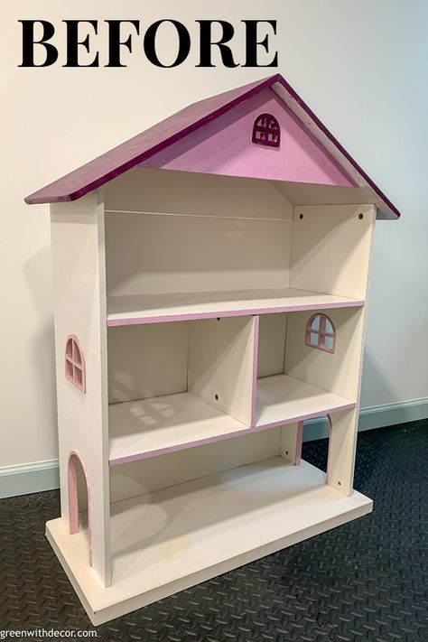 Dollhouse Bookcase Makeover, Doll House Book Case, Dollhouse Bookshelf Makeover, Doll House Painting Ideas, Dollhouse Bookshelf Diy, Girls Bookcase, Doll House Furniture Diy, Doll House Makeover, Dollhouse Storage