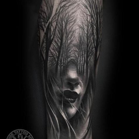 Dark forest tattoo and the bottom half of a woman's face | www.otziapp.com Shoulder Tattoo Girl, Dark Forest Tattoo, Tattoo For Baby Girl, Girl Shoulder Tattoos, Girl Face Tattoo, Realistic Tattoo Sleeve, Forest Tattoos, Tattoo Girls, Tiny Tattoo