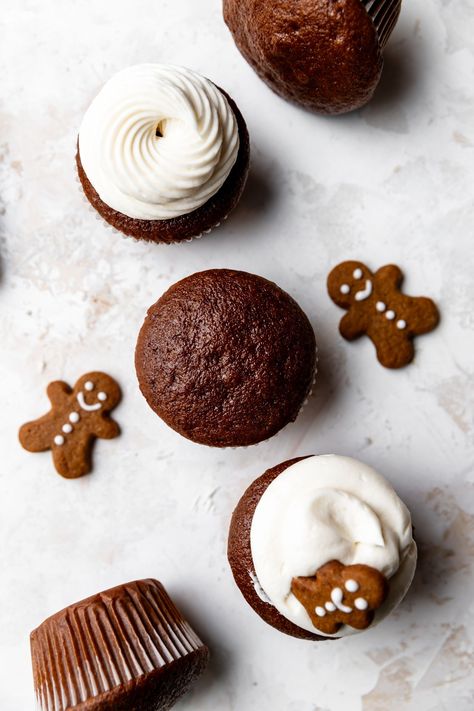 Ultra-Moist Gingerbread Cupcakes - Topped With Honey Moist Gingerbread, Creaming Method, How To Make Gingerbread, Gingerbread Cupcakes, Snowman Cupcakes, Cupcakes With Cream Cheese Frosting, Holiday Cupcakes, Cream Cheese Eggs, Cupcake Tins