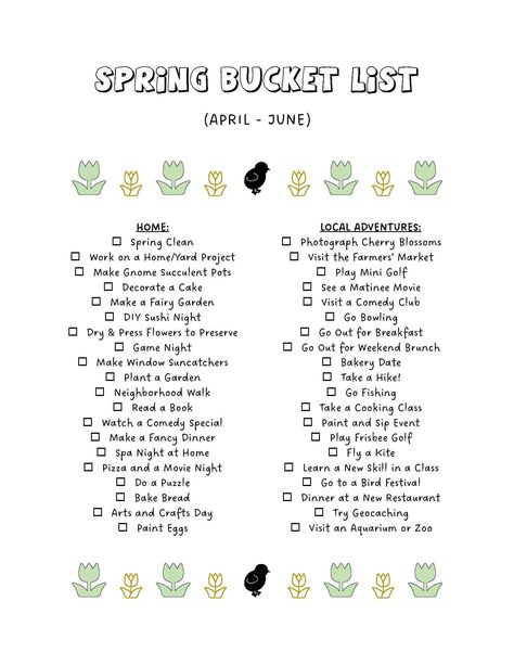 "Fun Bucket List Activity to do this Spring! Live each season to the fullest with this fun checklist poster for kids and adults. You will receive: One 8.5\" x 11\" PDF  DIGITAL FILE - INSTANT DOWNLOAD  This listing is for printable, digital PDF files only. This is not an editable document. No printed material will be shipped to you. * Downloaded products are non-refundable THESE FILES ARE FOR PERSONAL USE ONLY. You may not sell or share the files or any graphics they contain. No commercial use allowed." Seasonal Bucket List, Fun Checklist, Spring Checklist, Bucket List Activity, Spring Bucket List, Date Plant, Bucket List Printable, Sushi Night, Spring Fun