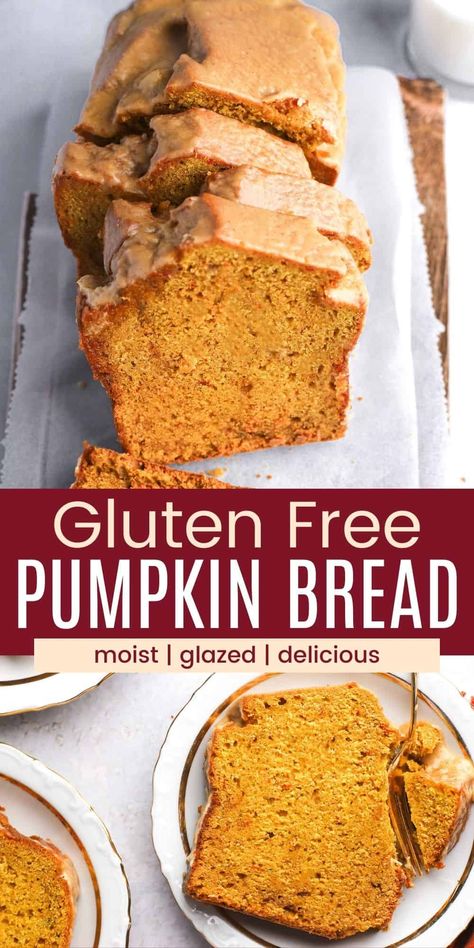 Gluten Free Pumpkin Bread with Maple Glaze - moist and delicious, it's the ultimate recipe for fall baking. With the perfect amount of pumpkin spice and a sweet and buttery maple glaze, you can enjoy it for breakfast or dessert! Bread With Oat Flour, Gluten Free Pumpkin Bread Recipe, Gluten Free Pumpkin Recipes, Fall Recipes Breakfast, Gluten Free Pumpkin Bread, Pumpkin Bread Easy, Pumpkin Loaf, Fall Baking Recipes, Baking Bread Recipes