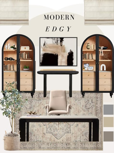 Arched Storage Cabinets, Traditional rug, Trendy & comfy office chair. This Mood board is for an office with some edge yet still calming. Black And White Home Office Design, Rugs Under Black Desk, Black Desk In Office, Black Modern Office Design, Modern Office Women, Black Accent Office, Sleek Home Office Design, Black And Neutral Home Office, Home Office Decor Black Desk