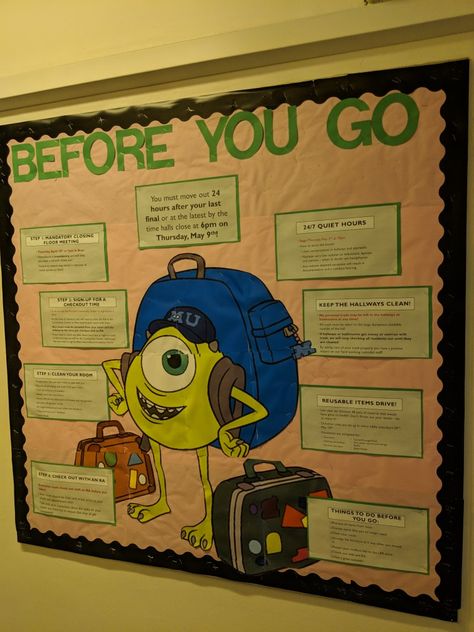 Bulletin Boards For College Dorms, Closing Bulletin Board Ra Summer, Disney Bulletin Boards College, End Of Year Ra Bulletin Board, Monsters University Ra Theme, Creative Ra Bulletin Boards, Ra On Duty Board, Midterm Bulletin Board, Monster Inc Bulletin Board