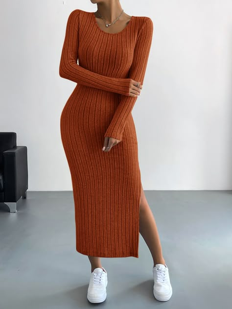 Rust Brown Casual Collar Long Sleeve Fabric Plain Fitted Embellished High Stretch  Women Clothing Ribbed Dress, Minimalist Dresses, Ribbed Knit Dress, Body Con Dress, Split Dress, Crewneck Dress, Women Long Dresses, Long Sleeve Bodycon, Comfortable Dress