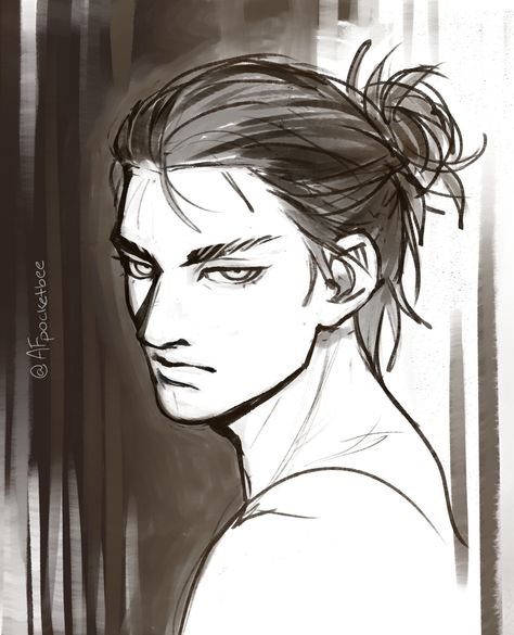 Man Bun Art Reference, Eren Character Design, Anime Guy Man Bun, Man Bun Anime Drawing, Man Bun Sketch, Man Bun Drawing Reference Front View, Side Part Drawing, Man Bun Drawing Reference, Man Bun Drawing