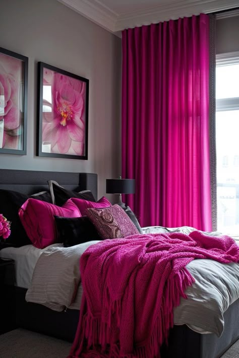 29 Curtains for Pink Bedroom Ideas to Add a Pop of Color 2 Pink And Black Curtains, Hot Pink Interior Design, Hot Pink Bedroom Aesthetic, Fuchsia Bedroom, Magenta Bedrooms, Hot Pink Room, Hot Pink Bedrooms, Pink Curtain, Pink Bedroom Ideas