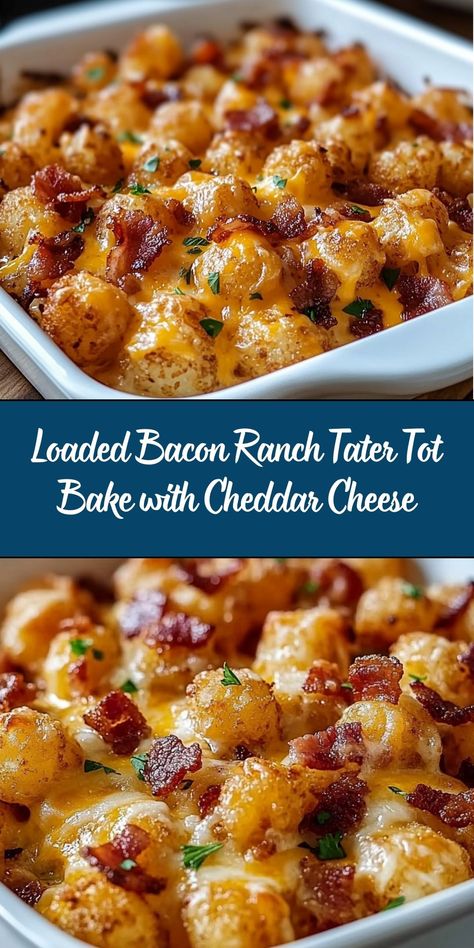 Loaded Bacon Ranch Tater Tot Bake with Cheddar Cheese is a hearty and flavorful casserole that combines crispy tater tots, savory bacon, tangy ranch seasoning, and melted cheddar cheese. It's perfect for gatherings, game days, or as a comforting family meal. Loaded Tater Tots Casserole Recipes, Loaded Tots Recipes, Chicken Bacon Ranch Tater Tot Casserole, Loaded Tater Tots Recipes, Loaded Tater Tot Casserole, Tater Tots Recipes, Loaded Tots, Tater Tot Appetizers, Loaded Tater Tot