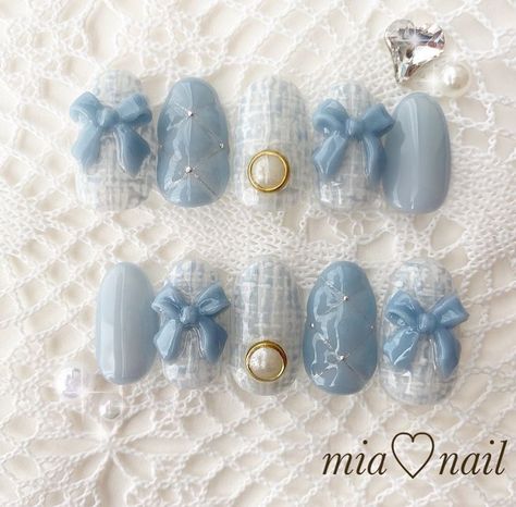 Korean Charm Nails, Kawaii Blue Nails, Blue Japanese Nails, Nail Art Blue Pastel, Nail Korean Style Blue, Korean Nail Art Blue, Pastel Blue Nail Art, Blue Korean Nails, Pastel Blue Nails