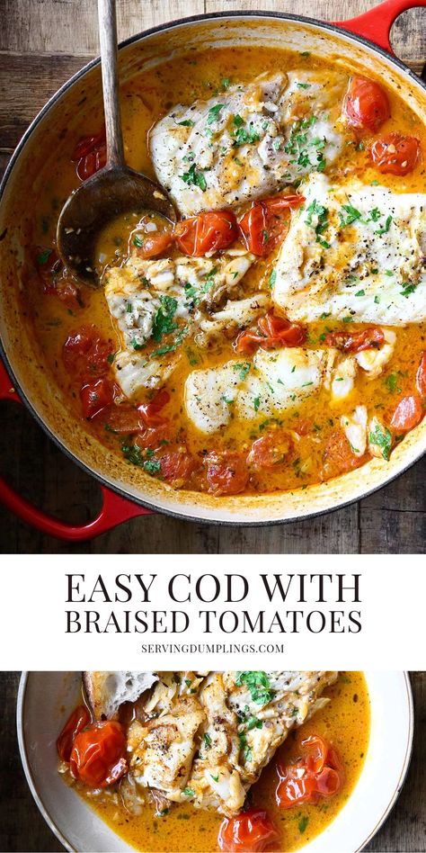 Easy Cod with Braised Tomatoes Cod Recipes Healthy, Cod Fillet Recipes, Cod Dishes, Comforting Dinner, Cod Recipes, Healthy Fish, Seafood Dinner, Easy Appetizer Recipes, Tomato Recipes