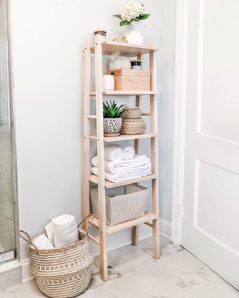 Ladder Shelf Bathroom Storage, Bathroom Ladder Shelf Decor, Bathroom Floor Shelf Decor, Bathroom Freestanding Cabinet, Bathroom Units Ideas, Ladder Shelf Decor Bathroom, Vilto Ikea, Ikea Vilto, Bathroom No Storage