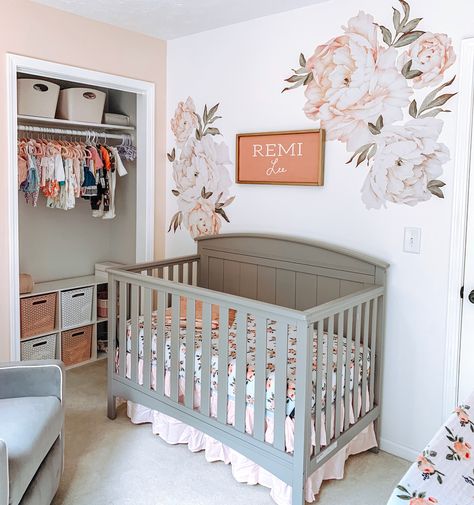 Gray And Pink Boho Nursery, Grey Crib Nursery Girl, Grey Crib Nursery, Floral Baby Girl Nursery, Boho Baby Girl Nursery, Grey Crib, Fairy Nursery, Baby Nursery Inspiration