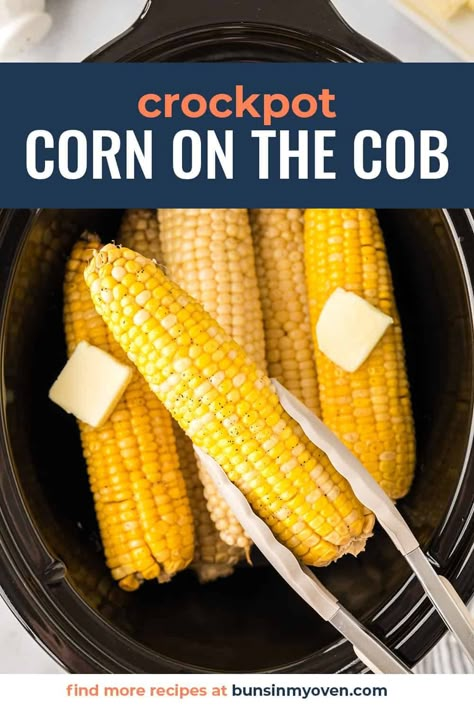 Our Crock Pot Corn on the Cob is the perfect summer side! Tender, flavorful, and buttery - just the way we like our sweet summer corn! Set it and forget it in the slow cooker. Corn On The Cob In A Crock Pot, Sweet Corn Crockpot Recipes, Sweet Corn In Crockpot, Corn On The Cob Slow Cooker, Corn On The Cob Crockpot Recipes, Crockpot Corn Recipes Slow Cooker, Corn In Crockpot Slow Cooker, Corn In The Crockpot, Crockpot Corn On The Cob Slow Cooker