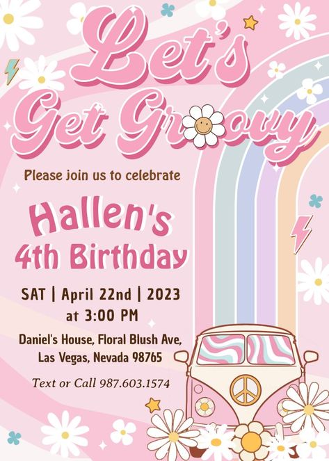 Let's Get Groovy Retro Boho Daisy Rainbow Birthday Invitation Rainbow Birthday Invitations, Pastel Birthday, Retro Birthday, Groovy Retro, Retro Rainbow, Rainbow Birthday, Pink Boho, Pastel Rainbow, 5th Birthday