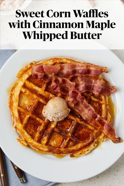 Corn Waffles Recipe, Corn Waffle Recipe, Corn Waffles, Waffle Ideas, Brunch Waffles, Bacon Brunch, Drink Breakfast, Decadent Dinner, Cornbread Waffles