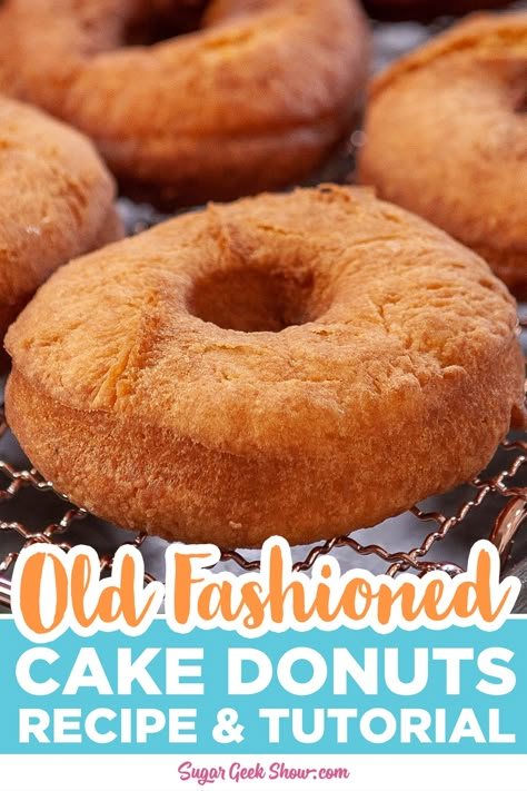 A classic fried cake donut recipe that makes the most delicious old fashioned donuts ever! Light and crispy on the outside, tender, moist, and cakey on the inside. Old Fashioned Cake Doughnuts Recipe, Cake Doughnuts Old Fashioned, Christmas Doughnut Recipes, Crispy Donut Recipe, Plain Donut Recipe, Cake Donuts Fried, Old Fashioned Donut Recipe, Cake Donut Recipe Fried, Donut Recipe Fried