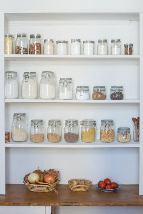 ​A pantry — of either the walk-in or the reach-in variety — can be tricky. Here's what to do to make it work for you. Shallow Pantry, Diy Pantry Organization, Kitchen Cabinet Organization Ideas, Kitchen Cabinet Shelves, Pantry Shelves, Shelves Kitchen, Stone Farmhouse, Best Kitchen Cabinets, Pantry Shelving