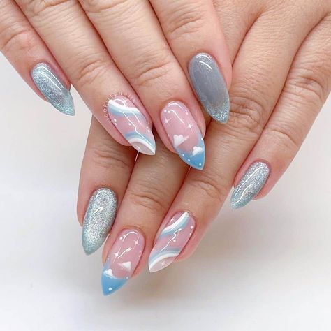 Summer Almond Nails, Cloud Nails, Almond Shaped Nails Designs, Chic Nail Designs, Unghie Sfumate, Kutek Disney, Sky Nails, Purple Nail Designs, Girly Acrylic Nails