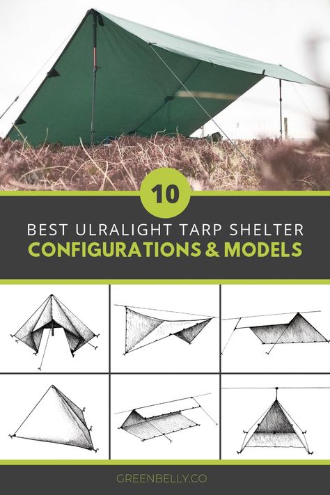 How to make the best backpacking tarp tent shelters. From the simple to the complex, here are 10 configuration designs like the A-frame, c-fly wedge, lean-to, and pyramid. Reviews for ultralight tarp models Sea to Summit, Hyperlite Mountain Gear, Zpacks, MSR, Mountain Laurel Designs, Six Moon, Rab, Big Agnes and more. Tent Clothes, Ultralight Backpacking Gear, Tarp Shelters, Bushcraft Shelter, Auto Camping, Camping Tarp, Tenda Camping, Canoe Camping, Mountain Gear