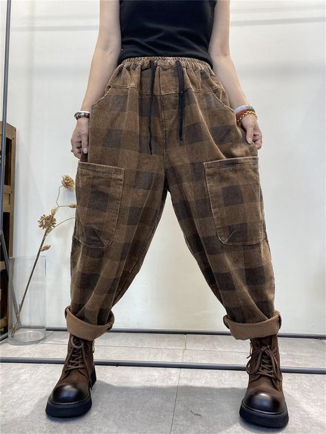 Harem Pants Women, Plaid Pants, Boho Stil, Sweatshirt Dress, Style Retro, Cotton Style, Dress Accessories, Fashion Pants, Harem Pants