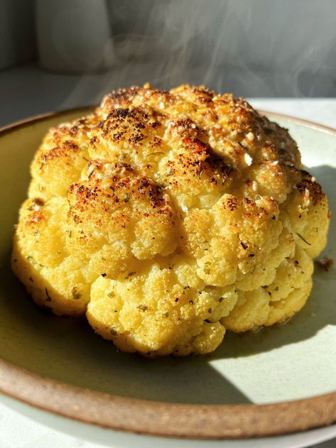 The Best Whole Roasted Cauliflower - rachLmansfield Roasted Cauliflower Recipe, Roast Cauliflower, Cheese Stuffed Meatloaf, Roasted Cauliflower Recipes, Whole Roasted Cauliflower, Cauliflower Recipe, Vegetable Side, Dinner Meals, Family Cooking