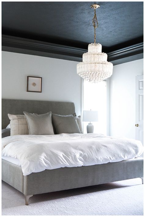 Painting Vaulted Ceilings Bedroom, Bedroom Wall And Ceiling Ideas, Painted Ceiling Master, Tray Ceiling Bathroom, Black Tray Ceiling Bedroom, White Walls Dark Ceiling Bedroom, Bedroom Ceilings Ideas Master, Urban Bronze Ceiling, Statement Ceiling Bedroom