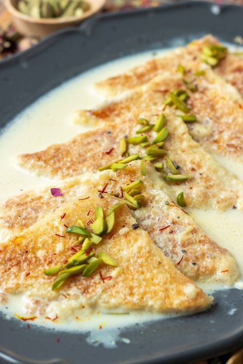 Shahi Tukray Recipe - Flour & Spice Shahi Tukda Recipe, Shahi Tukda, Pakistani Desserts, Pakistani Cuisine, Famous Desserts, Indian Dessert, Cookie Snack, Indian Desserts, Slice Of Bread