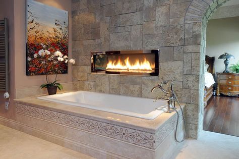 Fireplace Ideas For Bedroom, Tiled Deck, Drop In Tub Ideas, 2 Sided Fireplace, Double Sided Gas Fireplace, Bath Design Ideas, Bathroom Design Styles, Two Sided Fireplace, Drop In Tub